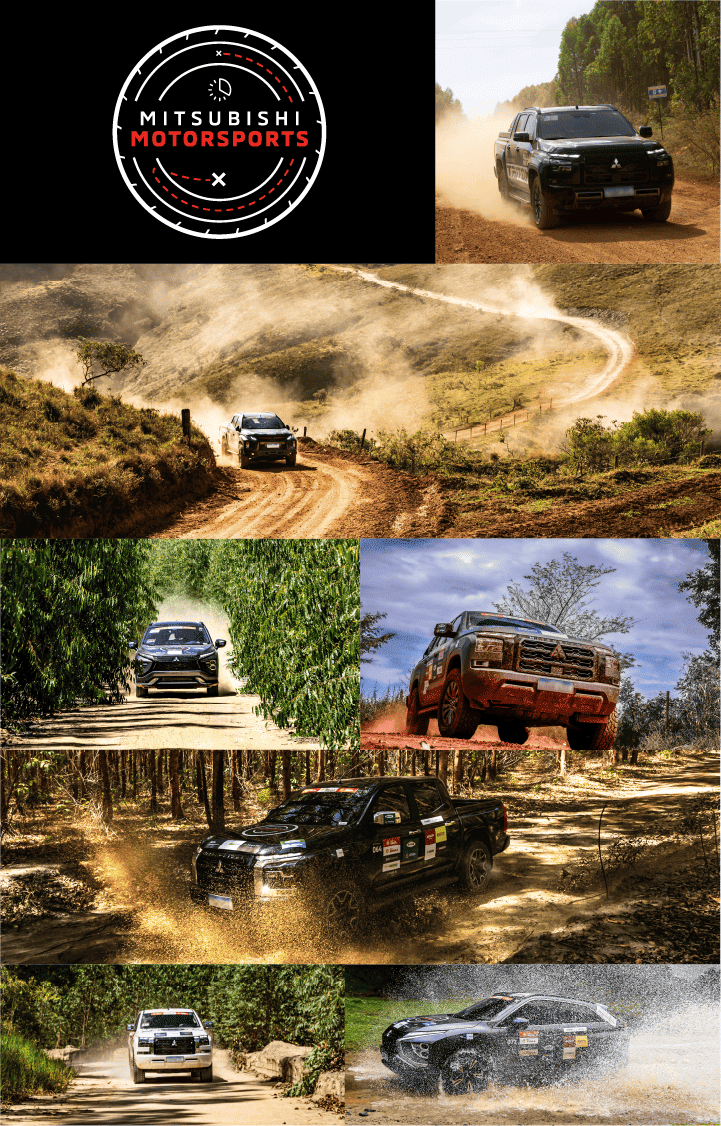 Foto de uma das etapas do Rally Mitsubishi Motorsports onde temos um Mitsubishi andando em uma estrada de terra