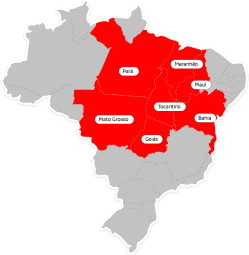 Mapa do Brasil com os estados disponiveis em cor vermelha